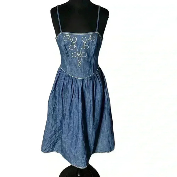 Oscar De La Renta Vtg 80s Swirl Strapless Denim Gold Stitch Midi Dress Size 4